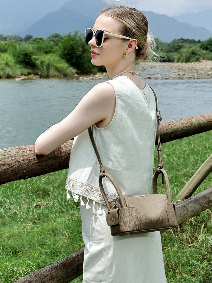Architectural Pebbled Genuine Leather Boston Clutch Bag