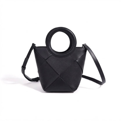Refined Geometric Woven Genuine Leather Mini Bucket Clutch Bag
