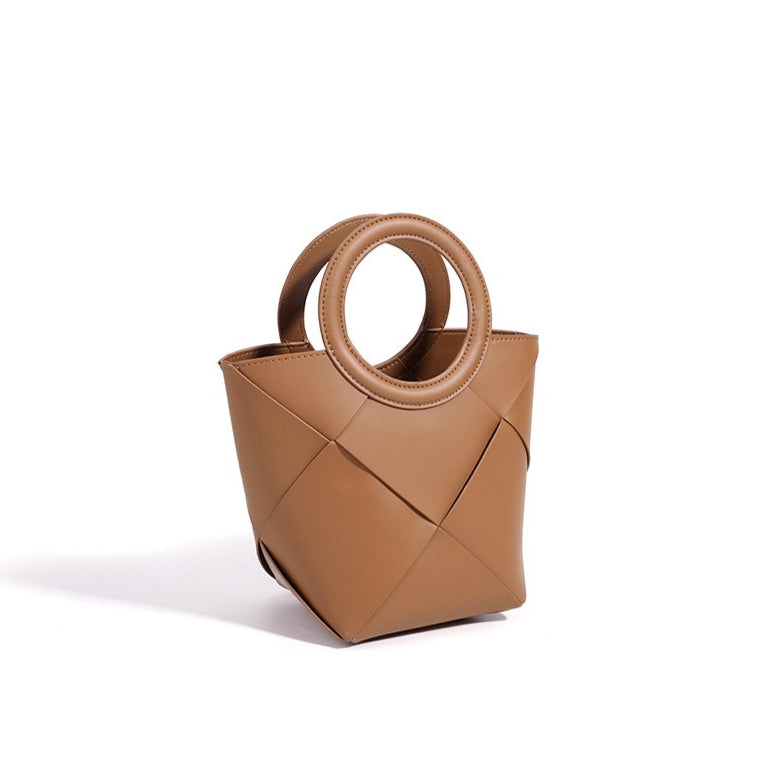 Refined Geometric Woven Genuine Leather Mini Bucket Clutch Bag