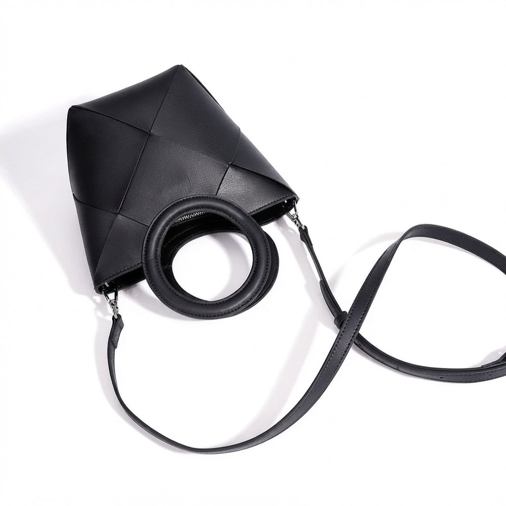 Refined Geometric Woven Genuine Leather Mini Bucket Clutch Bag