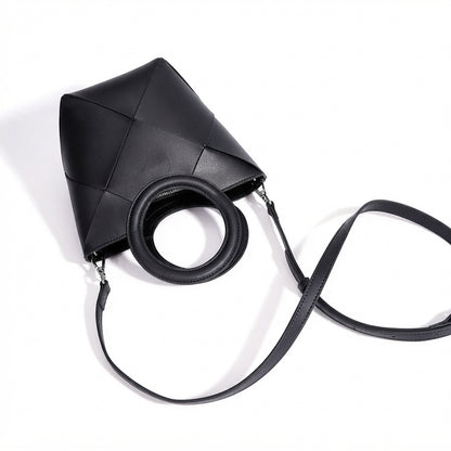 Refined Geometric Woven Genuine Leather Mini Bucket Clutch Bag