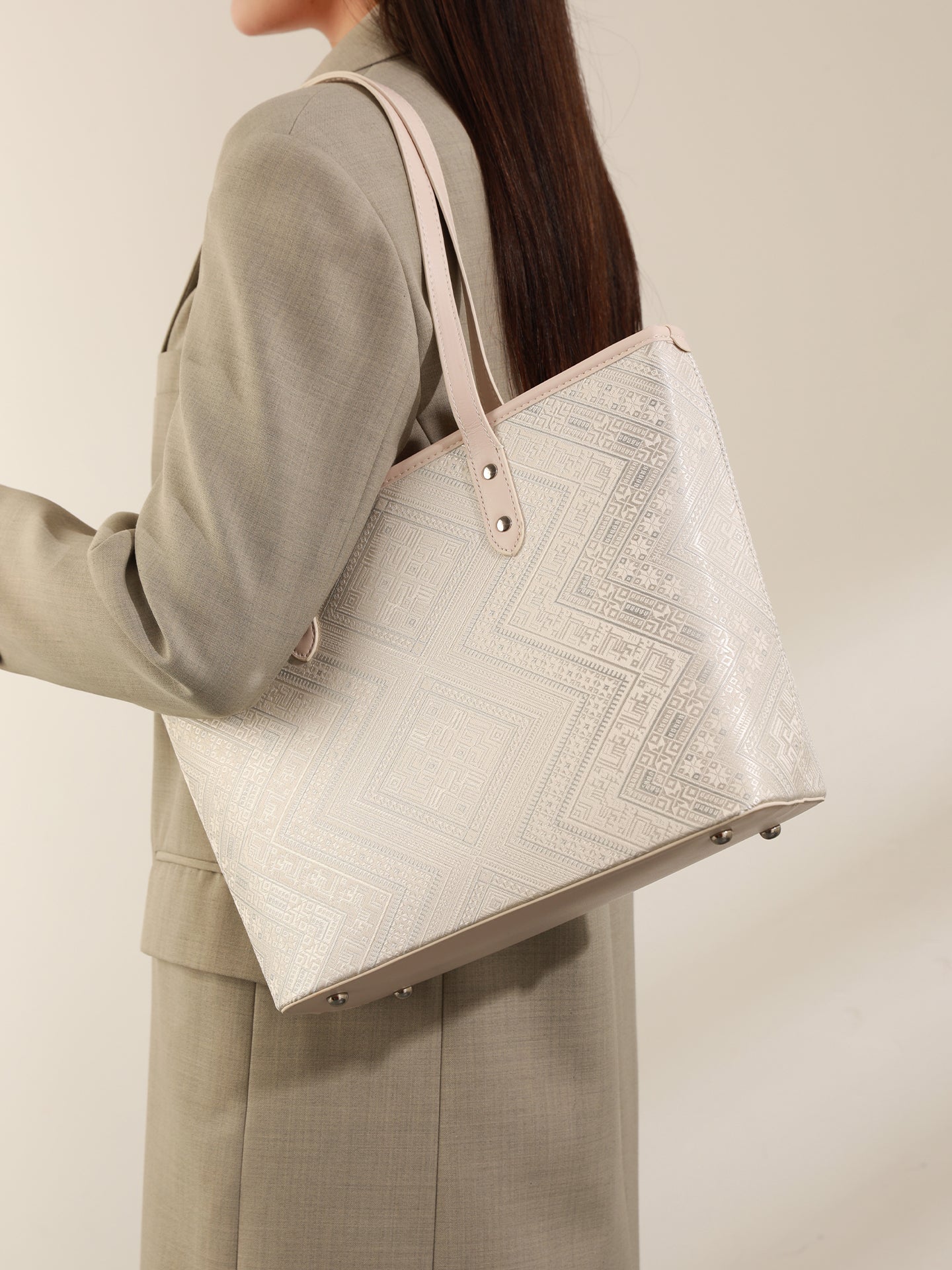 Refined Geometric Jacquard Vegan Eco-Leather Tote Clutch Bag
