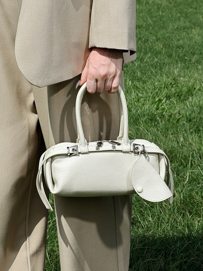 Refined Genuine Leather Petite Boston Clutch Bag with Mini Pouch