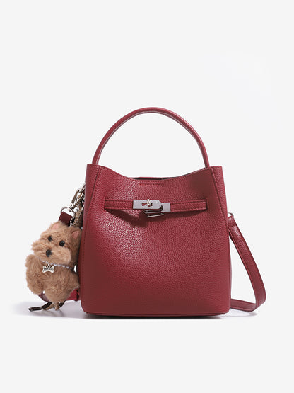Minimalist Vegan Eco-Leather Mini Bucket Clutch Bag with Lovely Dog Charm