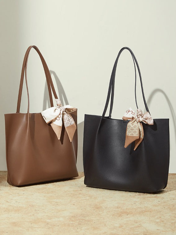 Parisian Chic Genuine Leather Bag - Minimalist Large Tote with Silk Scarf Accent