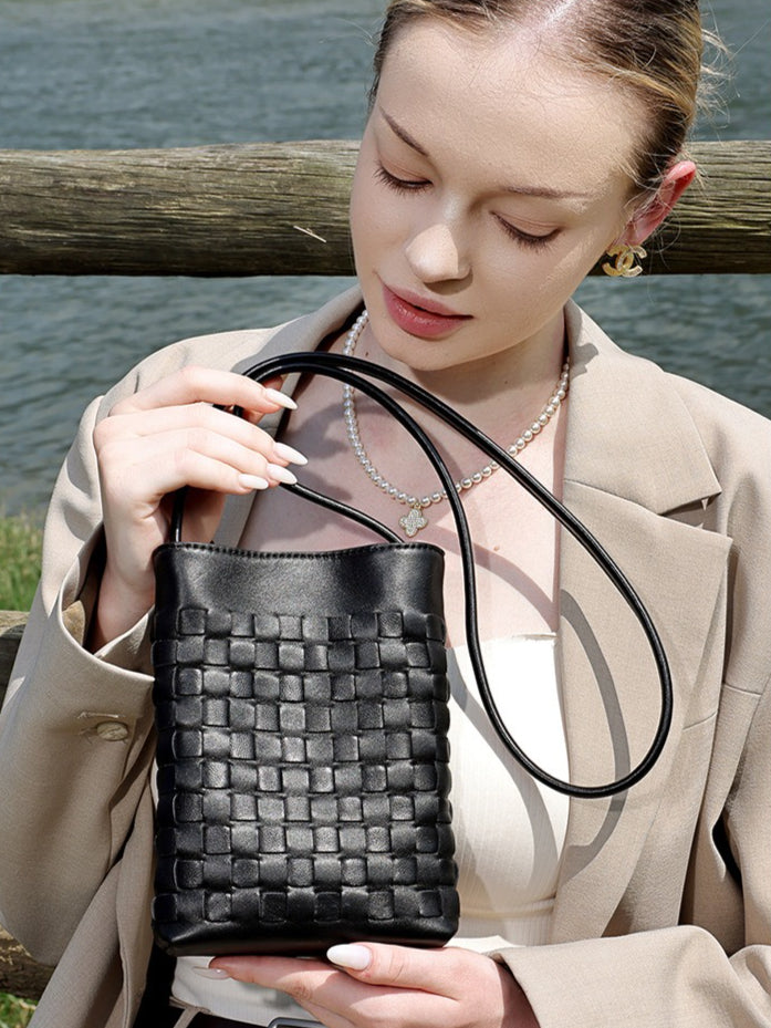 Mellow Sheepskin Leather Mini Woven Phone Clutch Bag