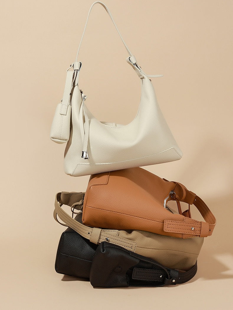 The Ethereal Slouchy Genuine Leather Bag - Minimalist Pebbled Hobo with Mini Pouch