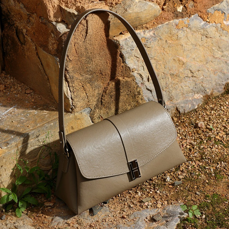 Minimalist Genuine Leather Shoulder Bag with Signature H Buckle