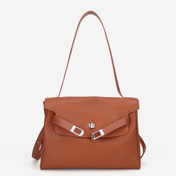 Vintage Lock-Accent Satchel Crossbody Genuine Leather Bag