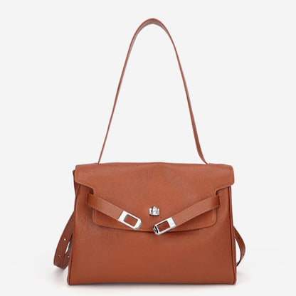 Vintage Lock-Accent Satchel Crossbody Genuine Leather Bag