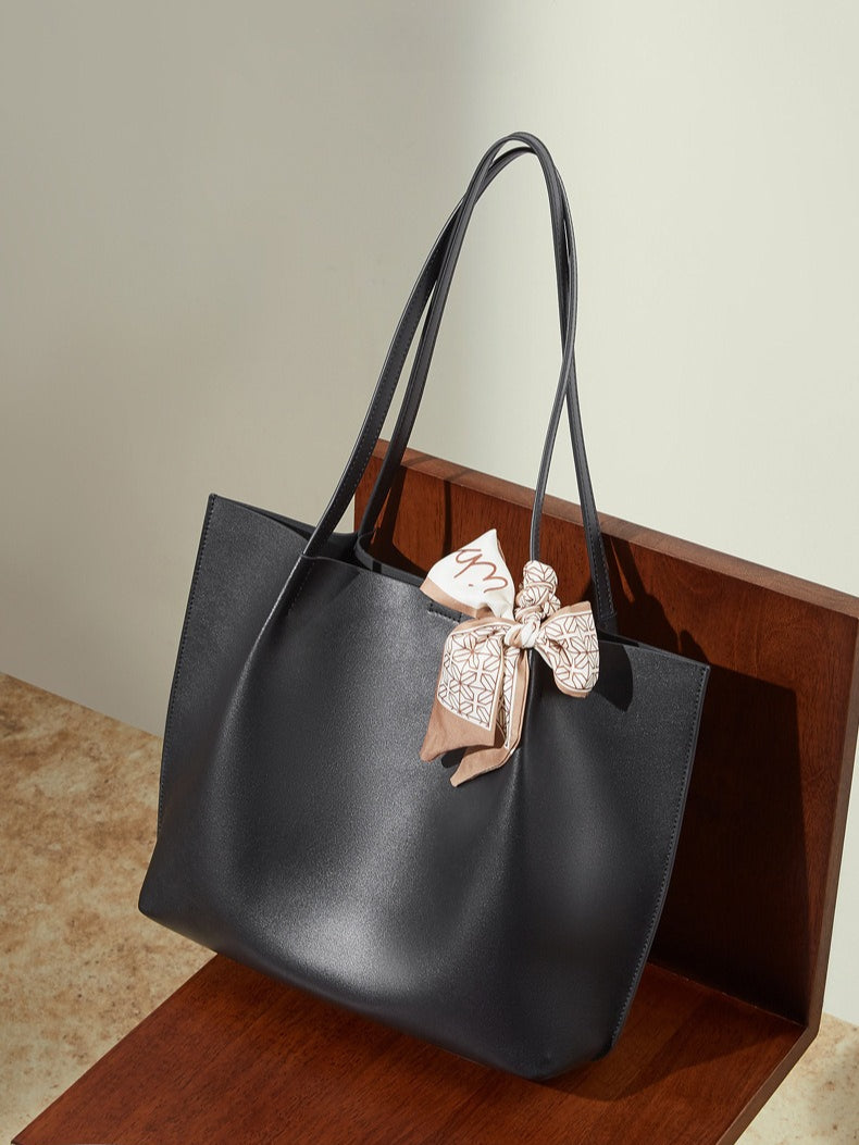 Parisian Chic Genuine Leather Bag - Minimalist Large Tote with Silk Scarf Accent