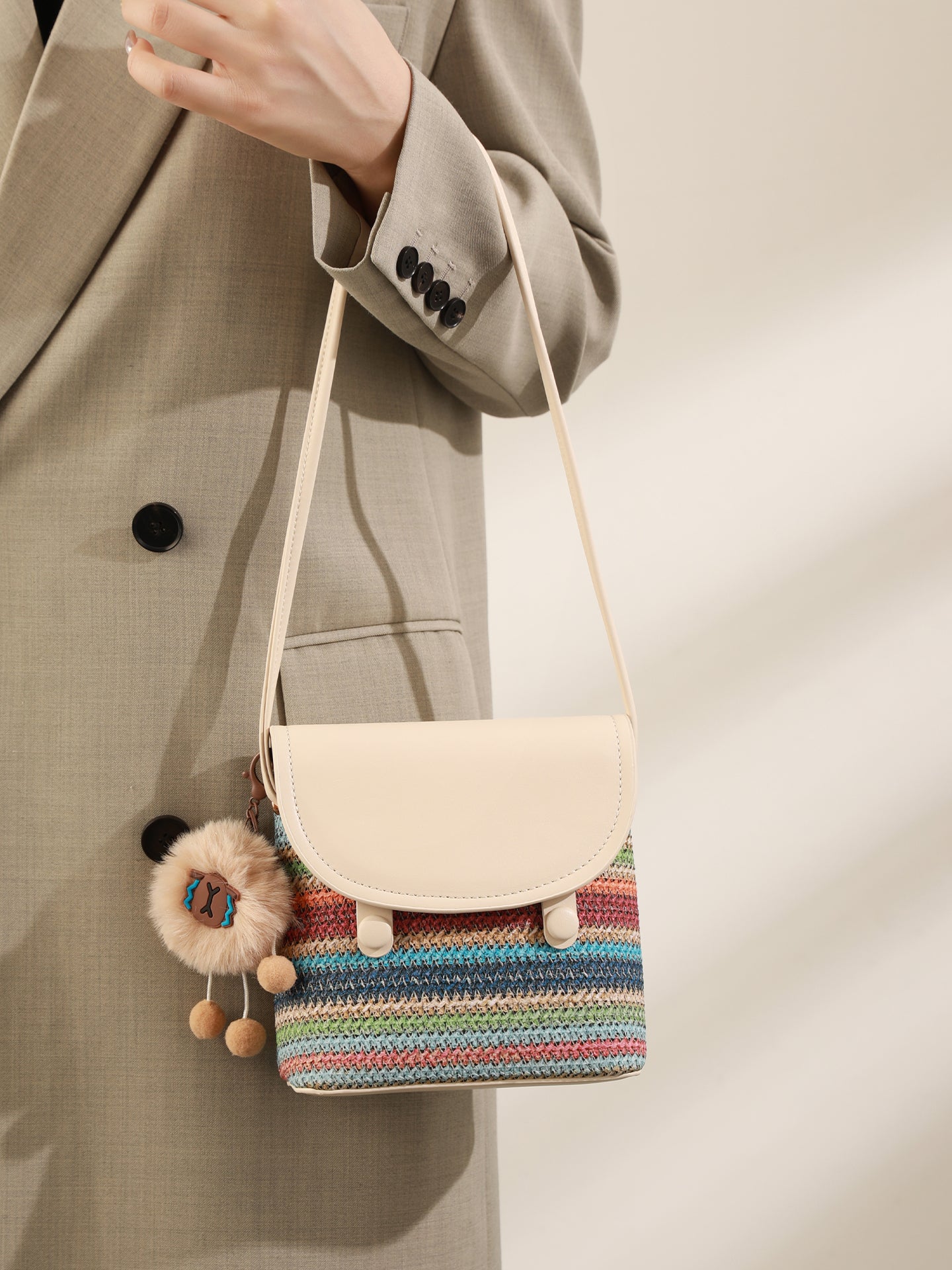 Vibrant Striped Woven Vegan Eco-Leather Compact Clutch Bag with Playful Charm