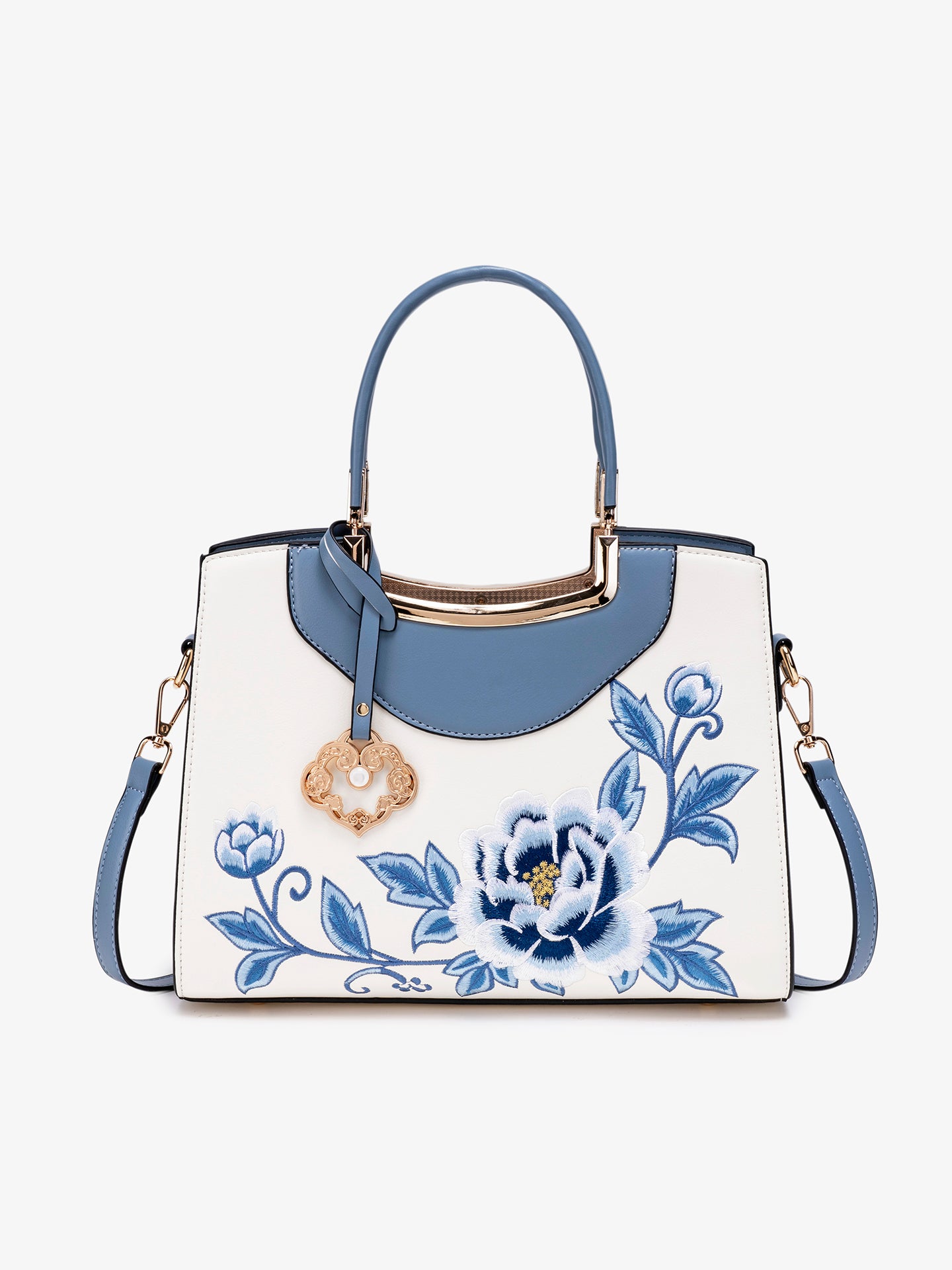Elegant Peony Embroidered Vegan Eco-Leather Clutch Bag with Charm