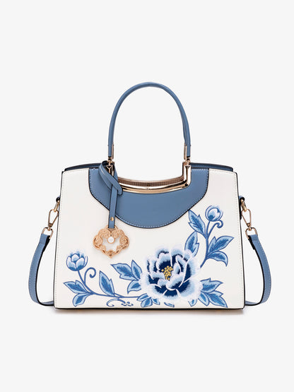 Elegant Peony Embroidered Vegan Eco-Leather Clutch Bag with Charm