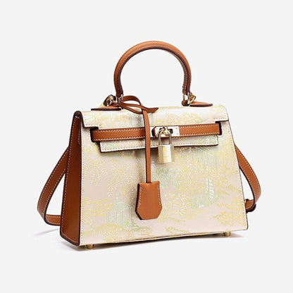 Elegant Oriental Brocade Genuine Leather Kelly Clutch Bag with Charm
