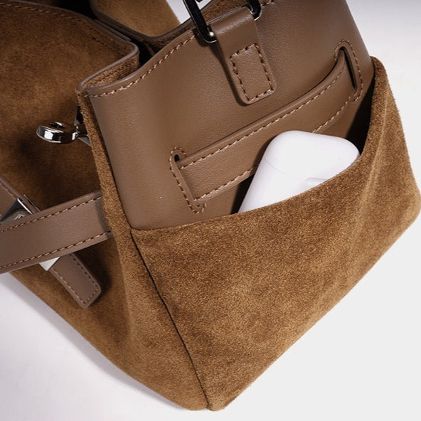 Effortless Suede Genuine Leather Bucket Clutch Bag