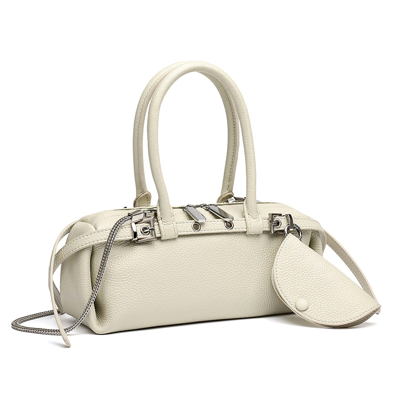 Refined Genuine Leather Petite Boston Clutch Bag with Mini Pouch