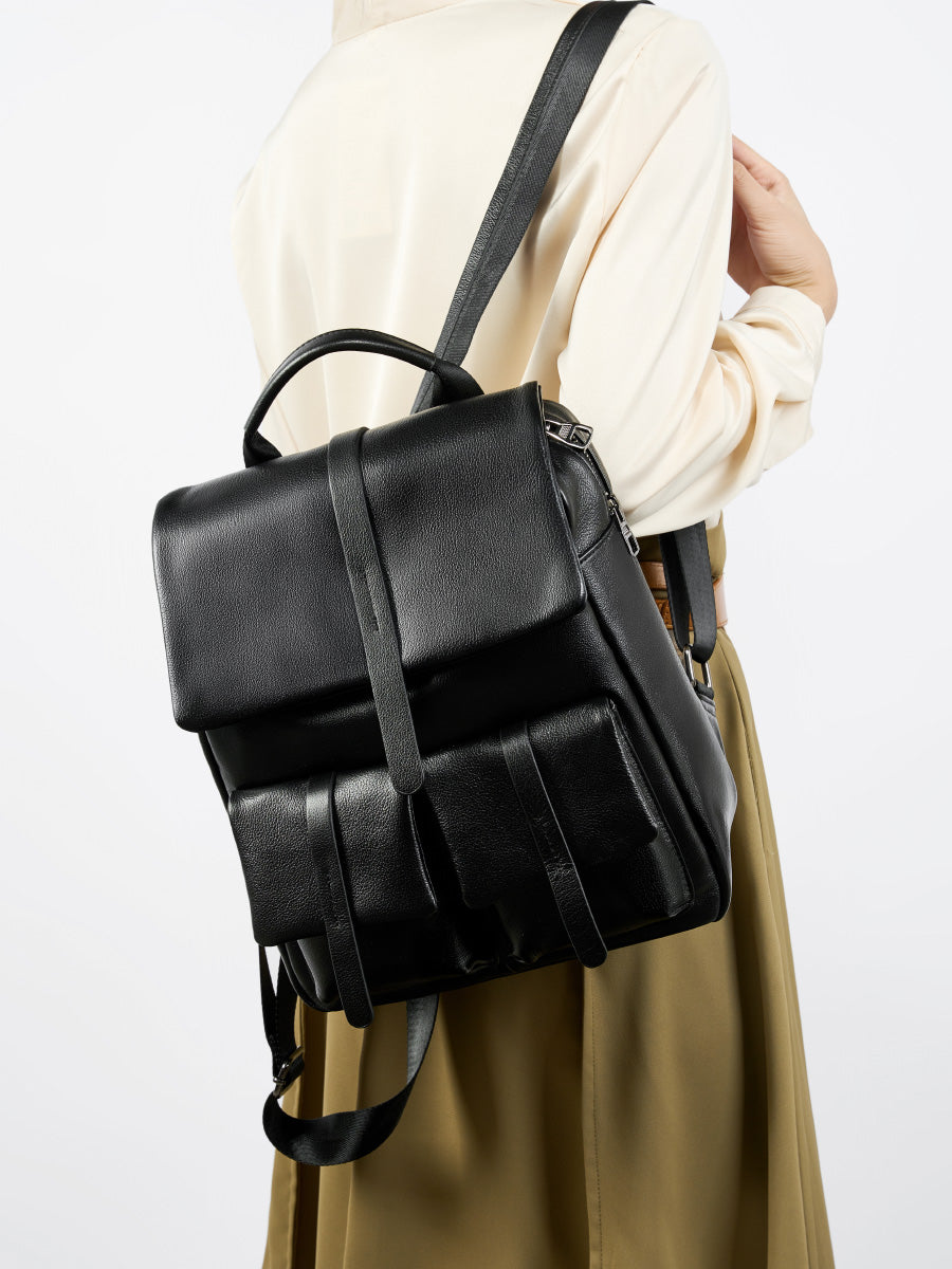 Sac à dos à rabat en cuir véritable grainé grande capacité minimaliste