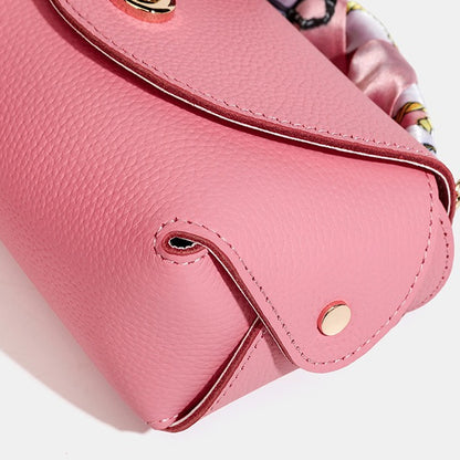Elegant Retro Genuine Leather Chain Crossbody Shoulder Silk Scarf Handbag