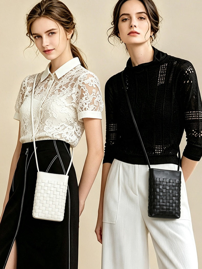 Mellow Sheepskin Leather Mini Woven Phone Clutch Bag