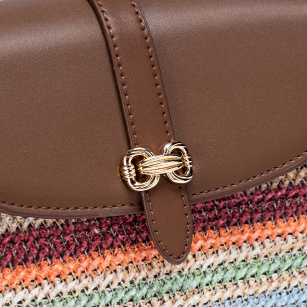 Radiant Rainbow Striped Woven Vegan Eco-Leather Flap Clutch Bag with Lovely Charm