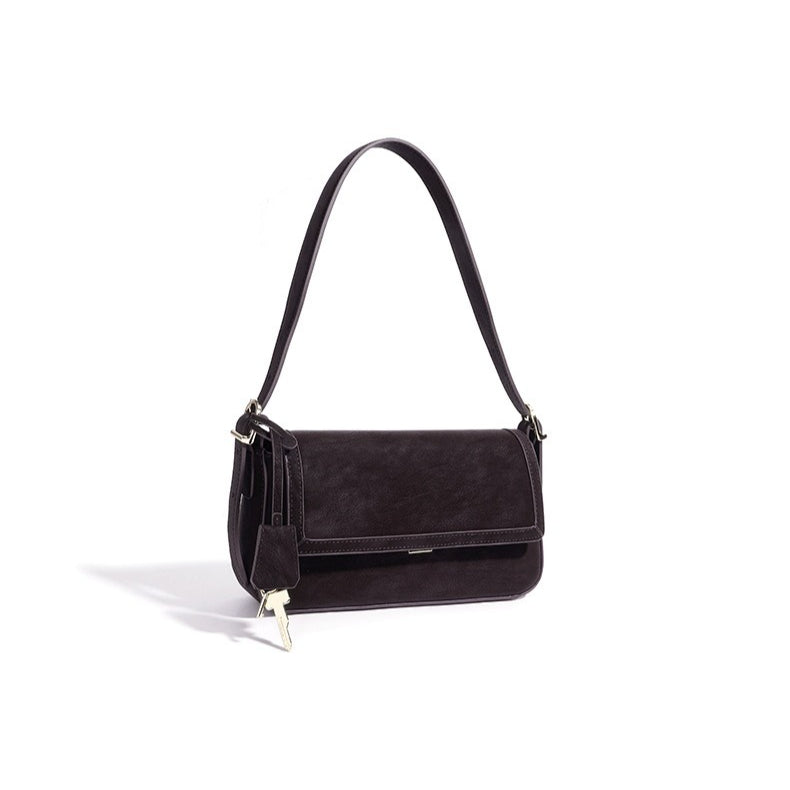 Refined Genuine Leather Shoulder Clutch Bag with Key Charm