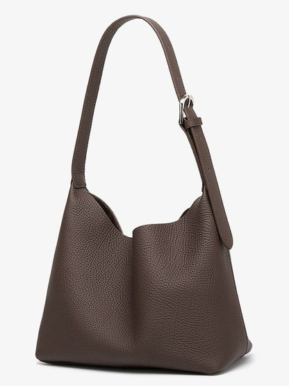 Versatile Genuine Leather Hobo Bucket Bag with Adjustable Shoulder Strap