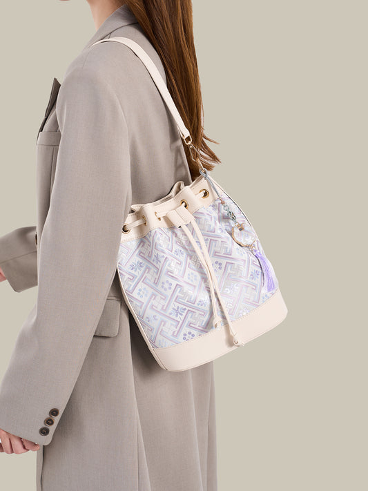 Gentle Oriental Brocade Vegan Eco-Leather Bucket Clutch Bag with Tassel Charm