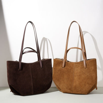 Vintage Suede Genuine Leather Tote Clutch Bag with Coin Pouch