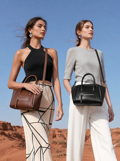 Maillard Style Genuine Leather Smile Flap Satchel Crossbody Bag