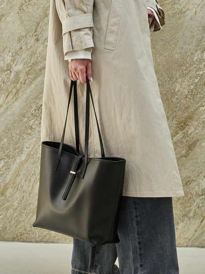 Spacious Plain Genuine Leather Tote Set Minimalist Shoulder Bag