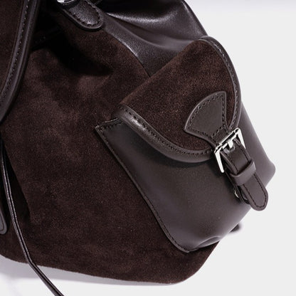 Vintage Suede Genuine Leather Flap Drawstring Backpack