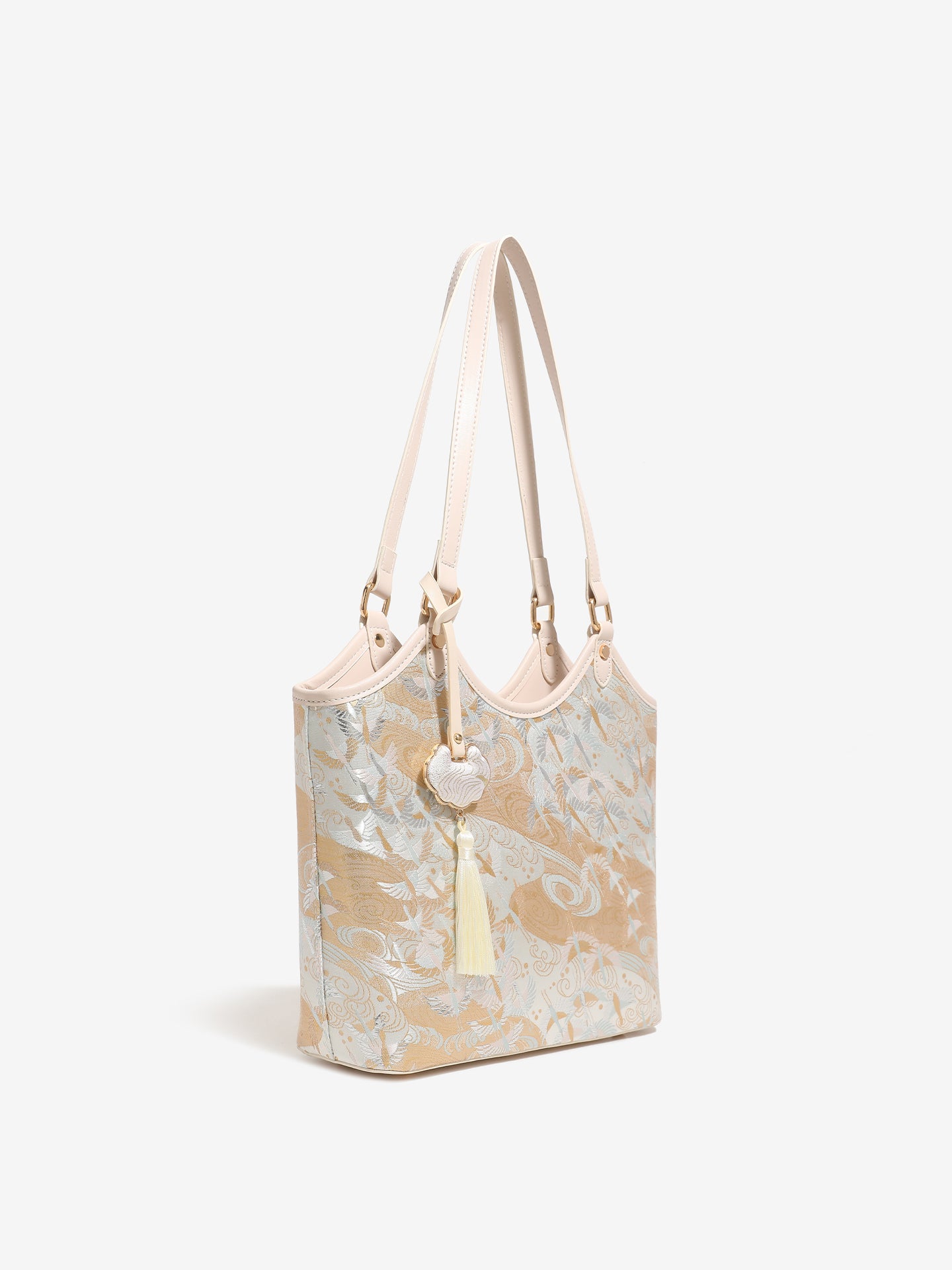 Ethereal Crane Pattern Vegan Eco-Leather Tote Clutch Bag with Tassel Charm