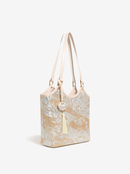 Ethereal Crane Pattern Vegan Eco-Leather Tote Clutch Bag with Tassel Charm