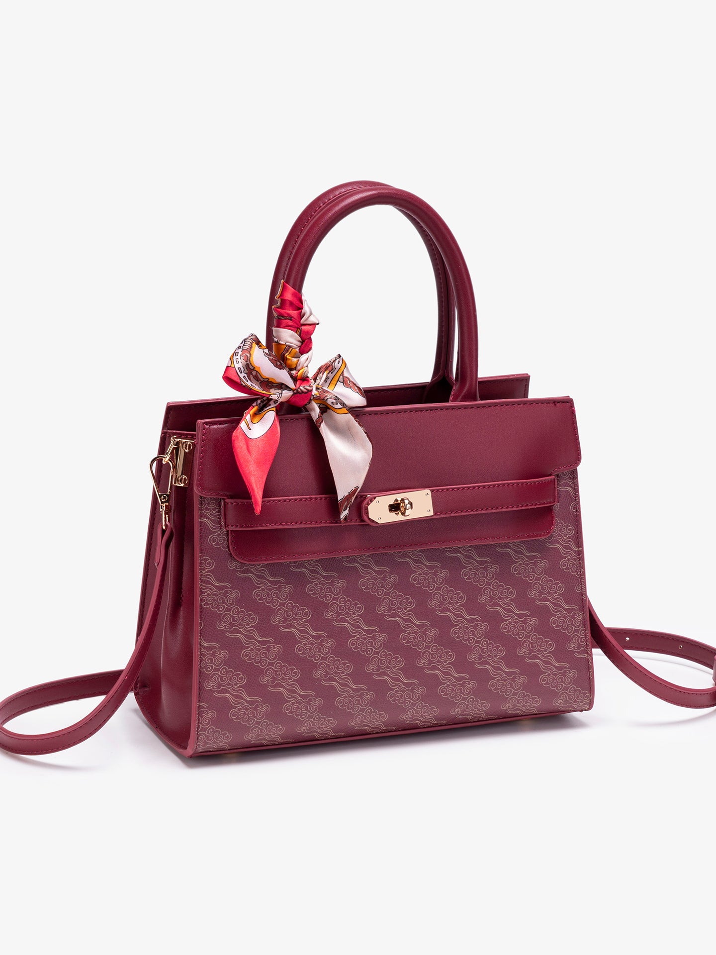 Regal Oriental Cloud Vegan Eco-Leather Tote Clutch Bag with Silk Scarf Charm