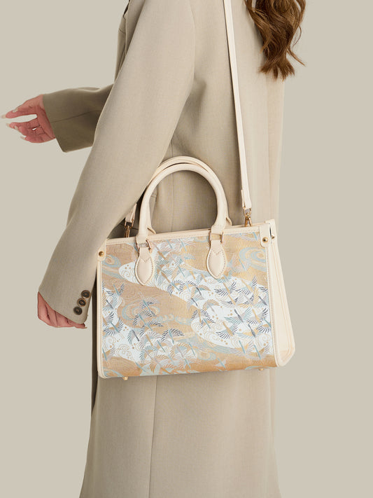 Artisanal Crane Motif Vegan Eco-Leather Tote Clutch Bag