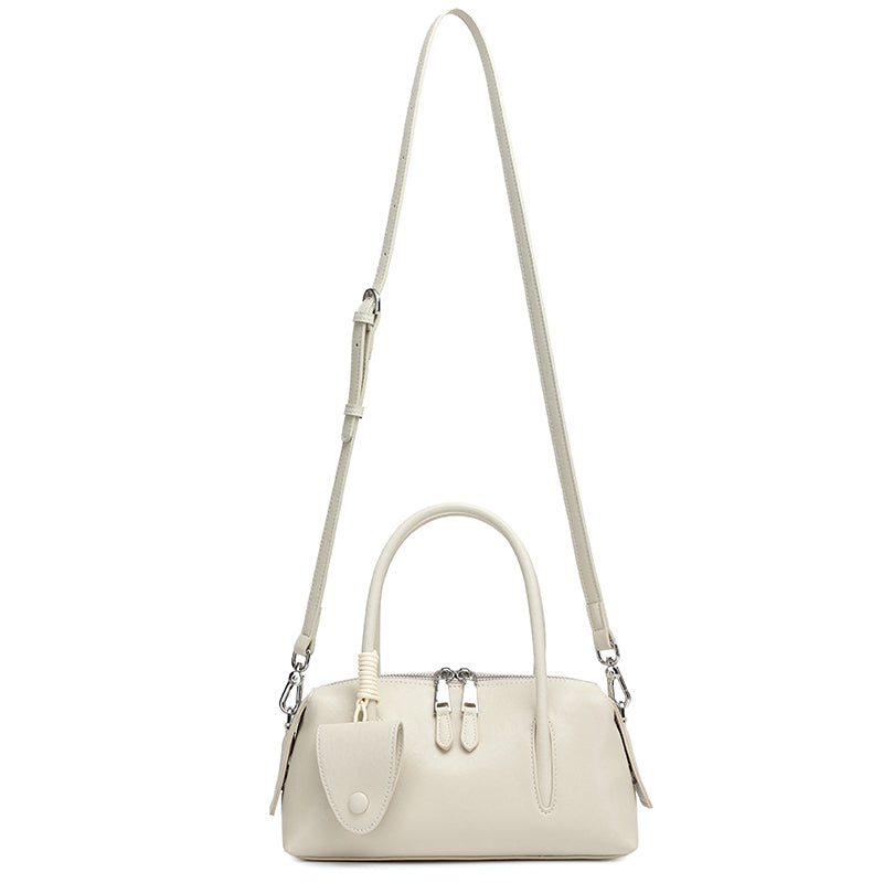 Minimalist Genuine Leather Boston Clutch Bag with Detachable Leather Tag Charm