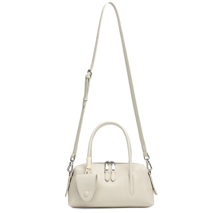 Minimalist Genuine Leather Boston Clutch Bag with Detachable Leather Tag Charm