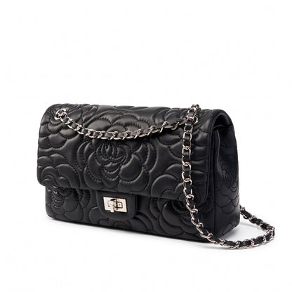 Geantă crossbody matlasată pentru femei, din piele naturală de oaie, cu lanț și model Camellia