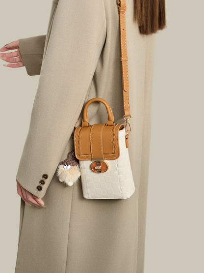 Elegant Color-Block Vegan Eco-Leather Clutch Phone Bag with Fluffy Charm
