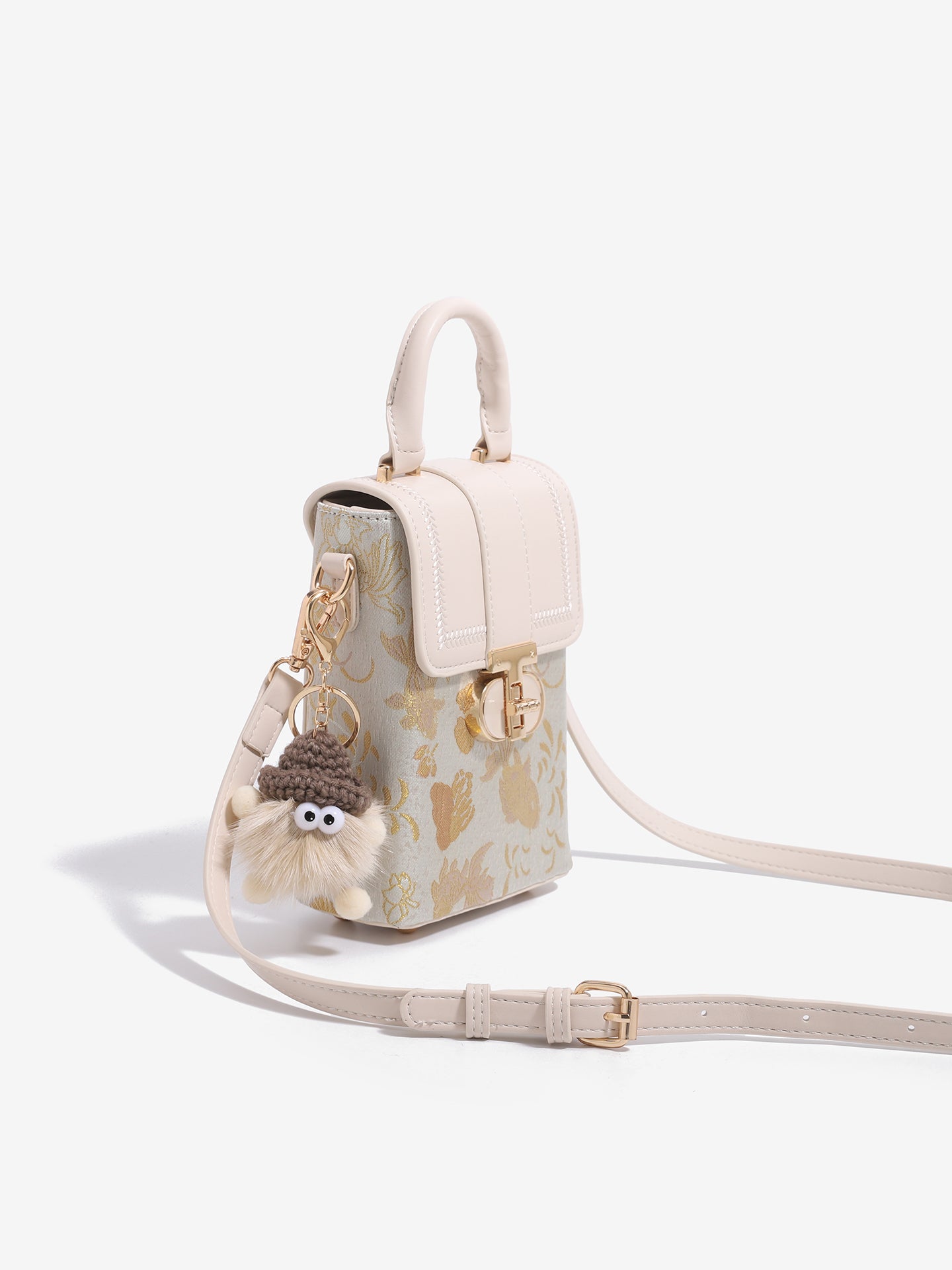 Elegant Oriental Jacquard Mini Flap Phone Clutch Bag with Furry Charm