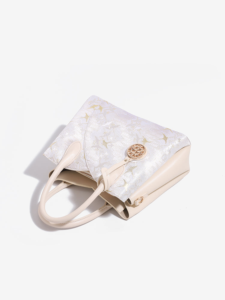 Elegant Flying Crane Motif Vegan Eco-Leather Tote Clutch Bag with Hollow Metal Charm