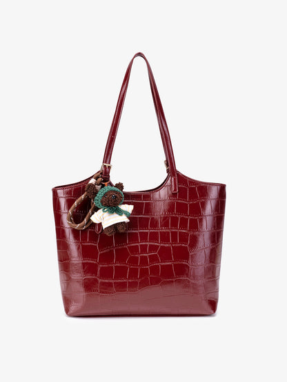 Glossy Croc Vegan Eco-Leather Shoulder Tote Bag With Bear Charm