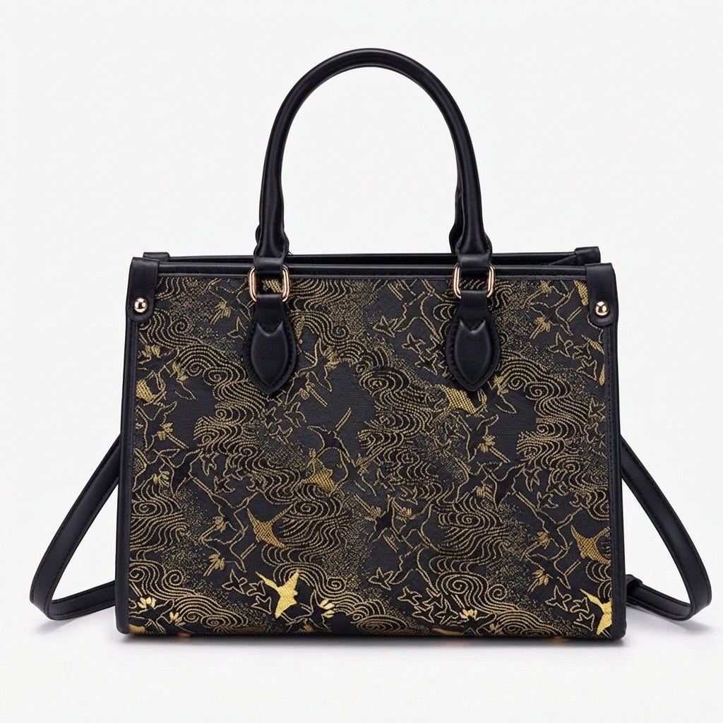 Mystic Crane Motif Vegan Eco-Leather Satchel Clutch Bag