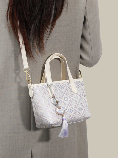 Mellow Oriental Jacquard Vegan Eco-Leather Tote Clutch Bag with Tassel Charm