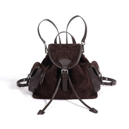 Mochila vintage de cuero genuino de ante con solapa y cordón