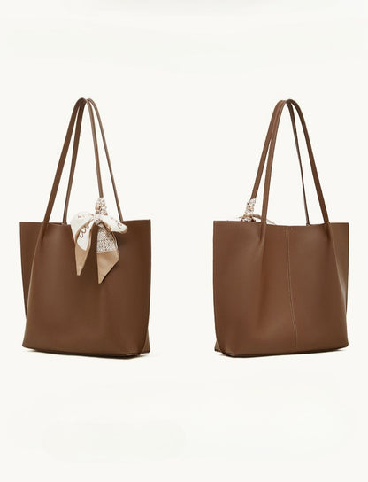 Parisian Chic Genuine Leather Bag - Minimalist Large Tote with Silk Scarf Accent