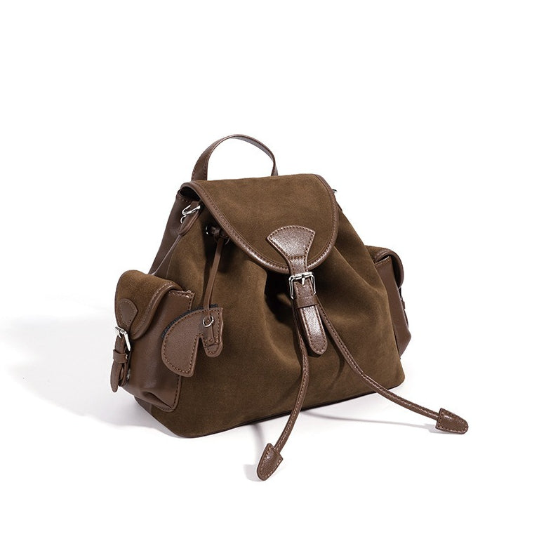 Vintage Suede Genuine Leather Flap Drawstring Backpack