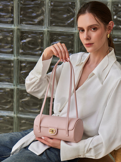 Bolso de mano tipo clutch nostálgico de cuero genuino color caviar, con forma de baguette tubular