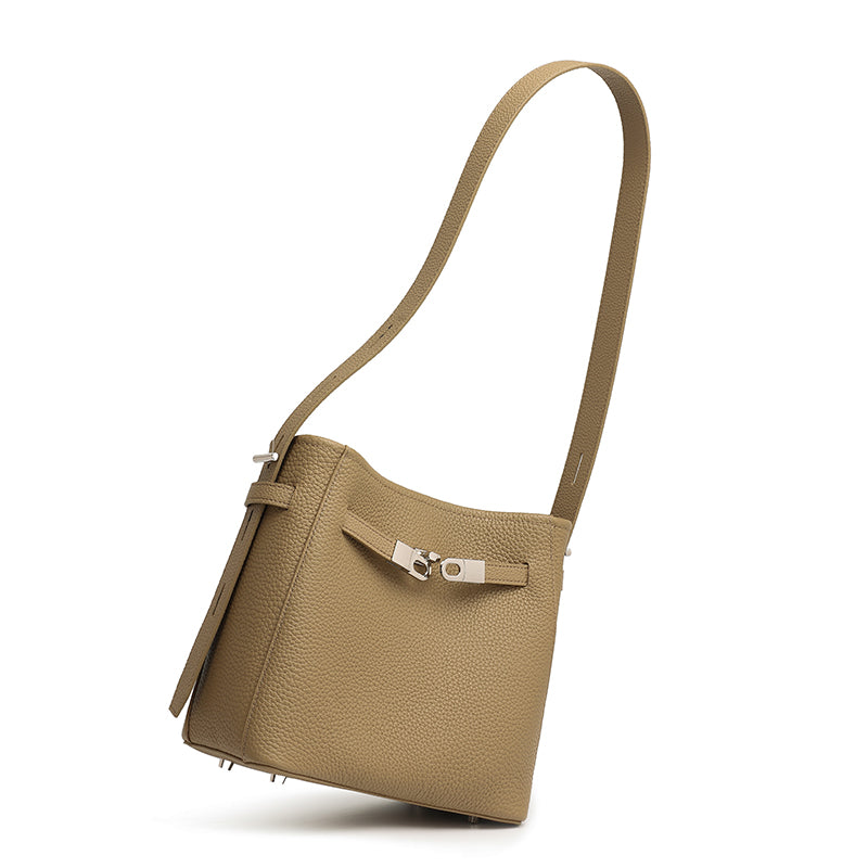 Borsa a secchiello senza tempo in vera pelle con hardware di lusso doppio D lucido